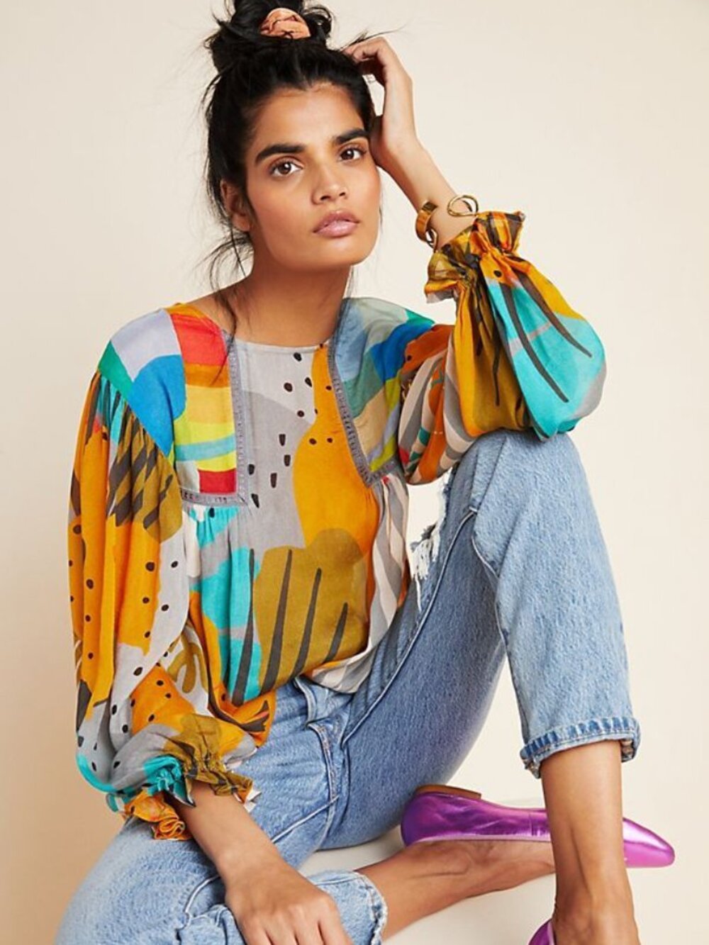 Anthropologie Bl^nk London Miranda Plant Print Peasant Top Blouse Petite Large